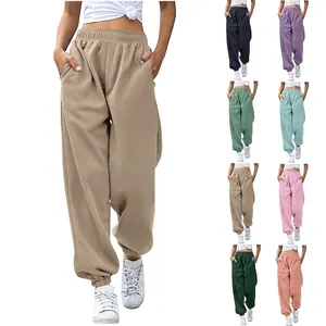 Women High Waist Loose Sweatpants Comfort Elastic Waist Solid Color Joggers Pockets Casual Polyester Knitted Bottoms