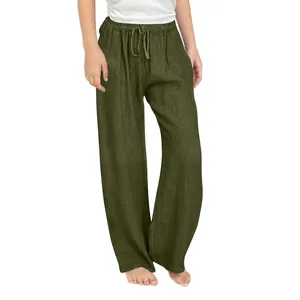 Close-up detail of girls' olive green cotton linen wide-leg pants with drawstring waist