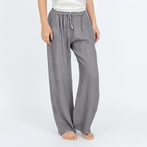 Front view of girls gray cotton linen wide-leg pants with elastic drawstring waist.