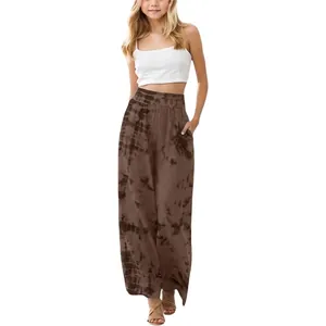 Casual girls brown wide-leg linen trousers featuring a drawstring waist and side pockets