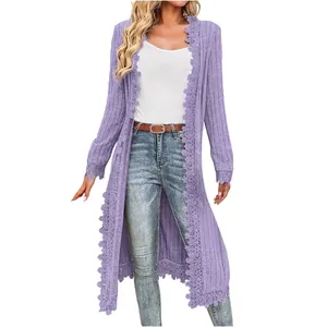 Gilet long violet à manches longues avec bordure en dentelle élégante et coupe ample
