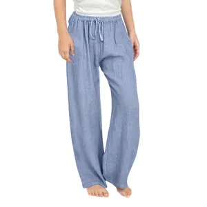 Detailed view of girls' light blue cotton linen wide-leg pants with drawstring waist
