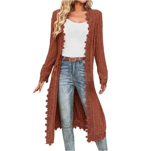 Gilet long marron pour femme avec bordure en dentelle élégante et manches longues casual