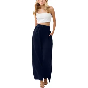 Full length view of navy blue linen wide leg trousers for girls with elastic waist