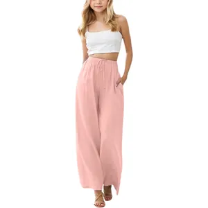 Girls casual pink linen wide leg pants with drawstring waist and functional pockets