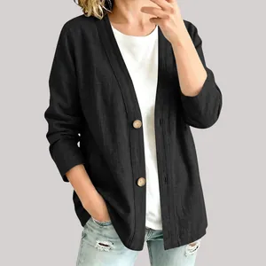 Nahaufnahme eines schwarzen Baumwoll-Leinen-Cardigans mit dekorativem Holzknopf.