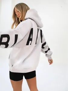 White oversized hooded sweatshirt with black BLAKE text print on back for women