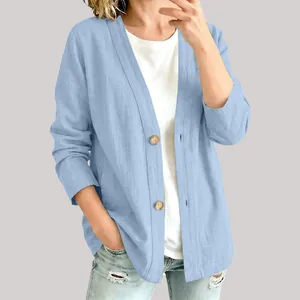 Detailansicht Damen Strickjacke aus Baumwollleinen in Hellblau mit echten Holzknöpfen