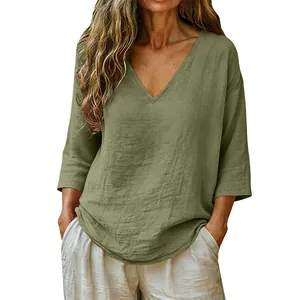 Comfortable casual loose V-neck top for women in olive green slub cotton with 3/4 sleeves