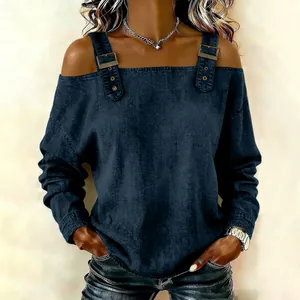 Sexy women's off-shoulder long sleeve top with decorative metal buckle straps.