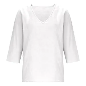 Full front view of a white casual loose slub cotton mid-sleeve V-neck top for women