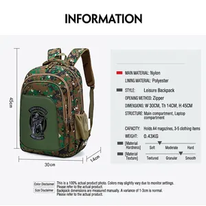 Detailed size chart and technical specifications for camouflage school backpack for kids