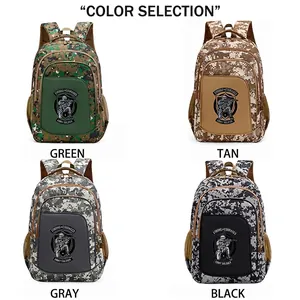 Selection of camouflage children's school backpacks in green, khaki, gray and black colors