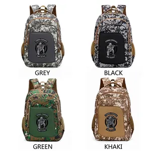 Selection of camouflage schoolbags in four colors featuring army soldier emblems.
