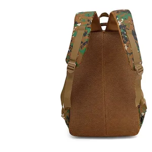 Detailed view of the breathable mesh back panel and wide straps of this camo kids backpack.