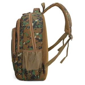 Side view of digital camouflage backpack showing multi-zipper layers and padded straps