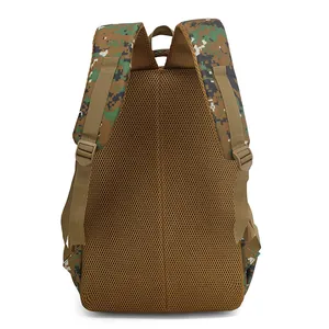 Close-up detail of children's camouflage backpack with breathable brown mesh straps