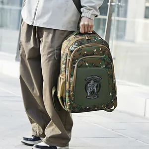 Detail of camouflage school backpack with army soldier patch and large capacity.