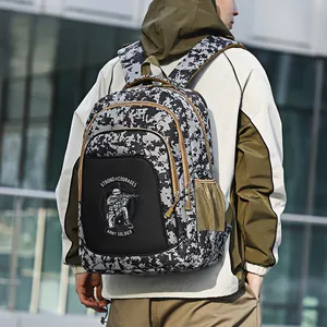 Detailed view of pixel camouflage backpack with army soldier patch