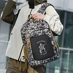 Detail of digital camouflage backpack with tactical soldier emblem and army soldier text.