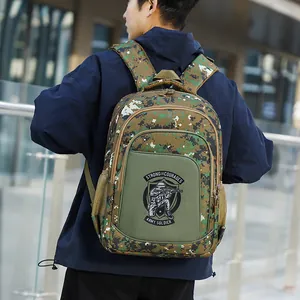 Close-up detail view of a camouflage school backpack for kids with army soldier patch