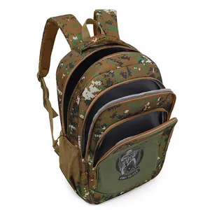 Detail view of camouflage kids backpack with multiple open zipper compartments