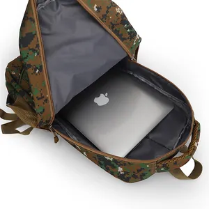 Internal view of camouflage tactical backpack showing spacious main compartment with laptop storage