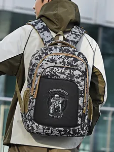 Grey digital camouflage school backpack for kids with army soldier patch and large capacity