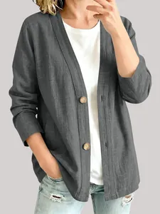 Lässiger grauer Baumwolle-Leinen-Cardigan für Damen mit Knopfdetail, ideal für den Frühling
