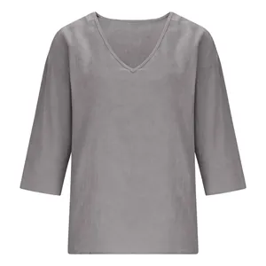 Close-up of a casual grey V-neck slub cotton top for women with medium sleeves