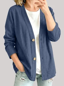 Lässige blaue Baumwoll-Leinen-Strickjacke für Damen, Langarm für Frühling und Herbst
