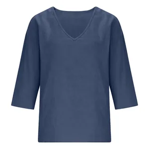 Comfortable casual loose-fit blue V-neck blouse with stylish three-quarter sleeves for women