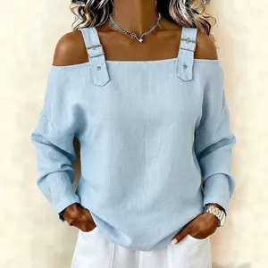 Women Cold Shoulder Long Sleeve Top Solid Color Loose Polyester T-Shirt With Metallic Buckle Decoration Casual Fashion Top