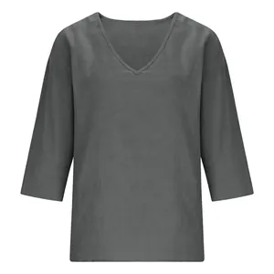 Detailed view of a dark grey women's V-neck slub cotton top with a casual loose fit