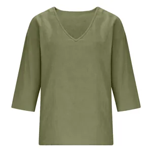 Detail shot of breathable olive green women's V-neck blouse with elegant 3/4 sleeves