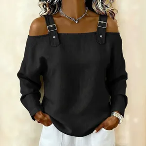 Fashion off-shoulder black long sleeve top with decorative buckle straps for women