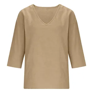 Detail view of khaki slub cotton loose fit top with V-neck and three-quarter sleeves