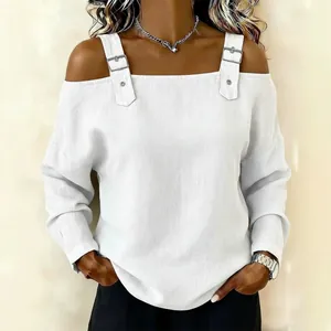Elegant white off-the-shoulder long sleeve top for women featuring metal buckle strap details