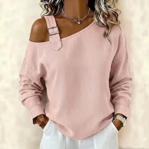 Top de Moda para Mujer de un Solo Hombro en Algodón Orgánico Tejido Camiseta Asimétrica de Manga Larga Casual Suelta Con Hebilla de Metal
