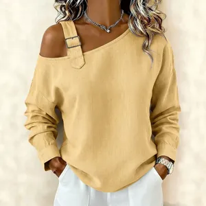 Top amarillo de moda a un hombro de algodón y lino con hebilla decorativa chic