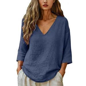 Casual loose slub cotton V-neck half-sleeve top for women in stylish grey-blue color