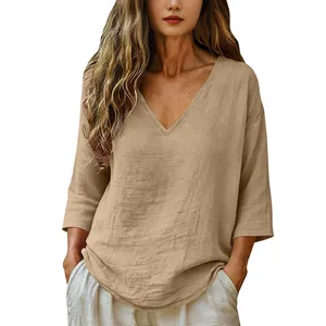 Casual loose bamboo cotton V-neck blouse for women featuring stylish mid-sleeves in khaki
