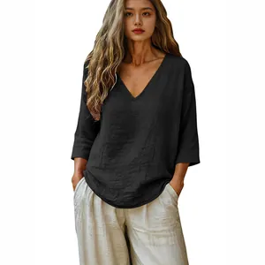 Casual loose slub cotton V-neck top with half sleeves for women in classic black finish