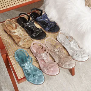 Sandali Bassi Bohemian con Fiori di Strass da Donna Cinturino Posteriore Elastico Punta Aperta Scarpe Estive da Spiaggia Comfort Taglie Forti