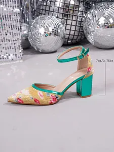 Side detail of floral pleated high heel shoe with 7cm block heel and ankle strap
