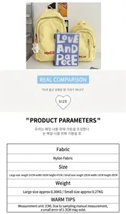 Detailed size and weight chart for the fashion yellow nylon student backpack collection.