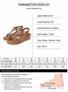 Bohemian wedge sandals size chart and material details with rhinestone decor