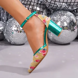 Fashionable pointed toe chunky heels with floral pleated fabric and metallic green straps