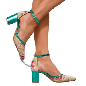 Elegant floral pointed-toe block-heel pumps with metallic green metallic ankle strap