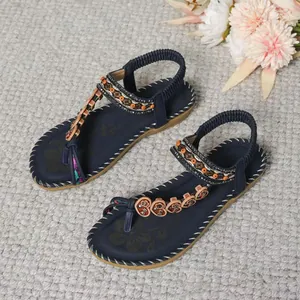 Bohemian ethnic style women's flat sandals with beads and thong design for summer beach